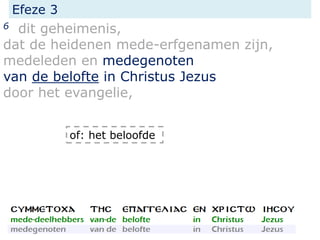 Efeze 3
6 dit geheimenis,
dat de heidenen mede-erfgenamen zijn,
medeleden en medegenoten
van de belofte in Christus Jezus
door het evangelie,
of: het beloofde
 