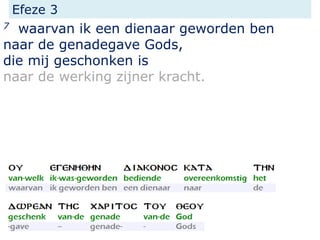 Efeze 3
7 waarvan ik een dienaar geworden ben
naar de genadegave Gods,
die mij geschonken is
naar de werking zijner kracht.
 
