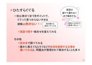ひたすらぐぐる                 英語は
                      避けて通れない
→初心者のつまづきポイントで、       ので観念する
 ぐぐって見つからないネタは
                        大事なことなので
    絶対ない
      ない！
 経験上絶対ない！    他の誰かも
                        ２度言いました！
            絶対ハマってる


  英語で
  英語で探す・組合せを変えてみる

その他
  別の本で調べてみる
  誰かに教えてもらうつもりで状況を説明する文章を
               状況を
               状況 説明する文章を
                     する文章
    いてみると、問題点が整理されて解決することも多々
  書いてみる


                                   15
 
