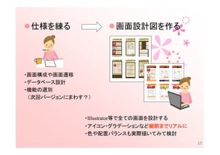 仕様を練る               画面設計図を作る




・画面構成や画面遷移
・データベース設計
・機能の選別
 （次回バージョンにまわす？）


             ・Illustrator等で全ての画面を設計する
             ・アイコン・グラデーションなど細部までリアルに
                            細部までリアルに
                            細部までリアル
             ・色や配置バランスも実際描いてみて検討
                                        17
 