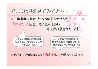 で、まわりを見てみると・・・
一度開発を離れブランクのある女性などで
「作りたい」と思っている人は多い
  りたい」
                 →何人か相談されたことも

 いきなり開発の仕事に戻る       プログラミング経験ないと
 なんてムリ。でも根っからの     無理だよね？的質問してくる
    「作りたい人」        「作れるなら作ってみたい人」



作ったことがない人で「作りたい」と思っている人も
            りたい」

                                    5
 