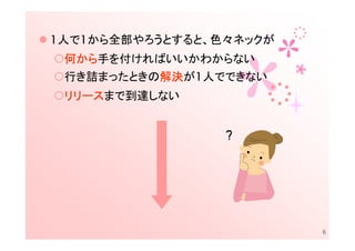 1人で1から全部やろうとすると、色々ネックが
 何から手を付ければいいかわからない
  から
 行き詰まったときの解決
          解決が1人でできない
          解決
 リリースまで到達しない
 リリース




                         6
 