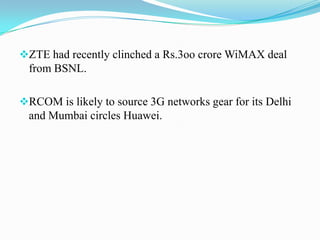 London-based 3i’s infrastructure fund will invest the large part of the money in Soma Enterprises.ZTE bags $200-m RCOM contractZTE Corp., a leading Chinese telecom equipment supplier, has bagged two contract  worth nearly Rs.1220 crore.