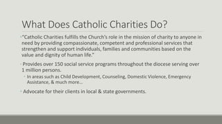 What Does Catholic Charities Do?
•“Catholic Charities fulfills the Church’s role in the mission of charity to anyone in
need by providing compassionate, competent and professional services that
strengthen and support individuals, families and communities based on the
value and dignity of human life.”
• Provides over 150 social service programs throughout the diocese serving over
1 million persons.
• In areas such as Child Development, Counseling, Domestic Violence, Emergency
Assistance, & much more…
• Advocate for their clients in local & state governments.
 