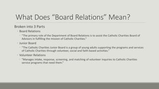 What Does “Board Relations” Mean?
Broken into 3 Parts
• Board Relations
• “The primary role of the Department of Board Relations is to assist the Catholic Charities Board of
Advisors in fulfilling the mission of Catholic Charities.”
• Junior Board
• “The Catholic Charities Junior Board is a group of young adults supporting the programs and services
of Catholic Charities through volunteer, social and faith-based activities.”
• Volunteer Relations
• “Manages intake, response, screening, and matching of volunteer inquiries to Catholic Charities
service programs that need them.”
 