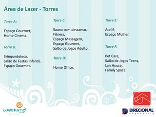 Área de Lazer - Torres 
Torre A: Espaço Gourmet, Home Cinema. 
Torre B: Brinquedoteca, Salão de Festas Infantil, Espaço Gourmet. 
Torre C: Sauna com descanso, Fitness, Espaço Massagem, Espaço Gourmet, Salão de Jogos Adulto. 
Torre D: Home Office. 
Torre E: Ateliê, Espaço Mulher. 
Torre F: Pet Care, Salão de Jogos Teens, Lan House, Family Space.  