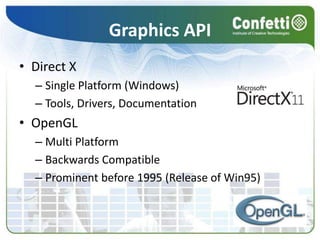 Graphics APIDirect XSingle Platform (Windows)Tools, Drivers, DocumentationOpenGLMulti PlatformBackwards CompatibleProminent before 1995 (Release of Win95)