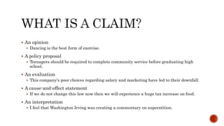  An opinion
 Dancing is the best form of exercise.
 A policy proposal
 Teenagers should be required to complete community service before graduating high
school.
 An evaluation
 This company’s poor choices regarding salary and marketing have led to their downfall.
 A cause-and-effect statement
 If we do not change this law now then we will experience a huge tax increase on food.
 An interpretation
 I feel that Washington Irving was creating a commentary on superstition.
 