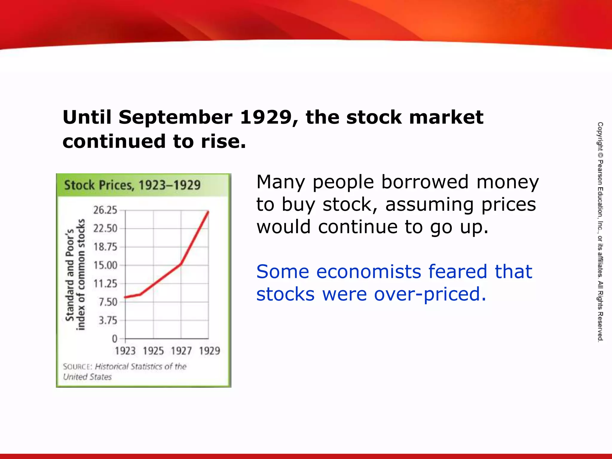 TEKS 8C: Calculate percent composition and empirical and molecular formulas.
Until September 1929, the stock market
continued to rise.
Many people borrowed money
to buy stock, assuming prices
would continue to go up.
Some economists feared that
stocks were over-priced.
 