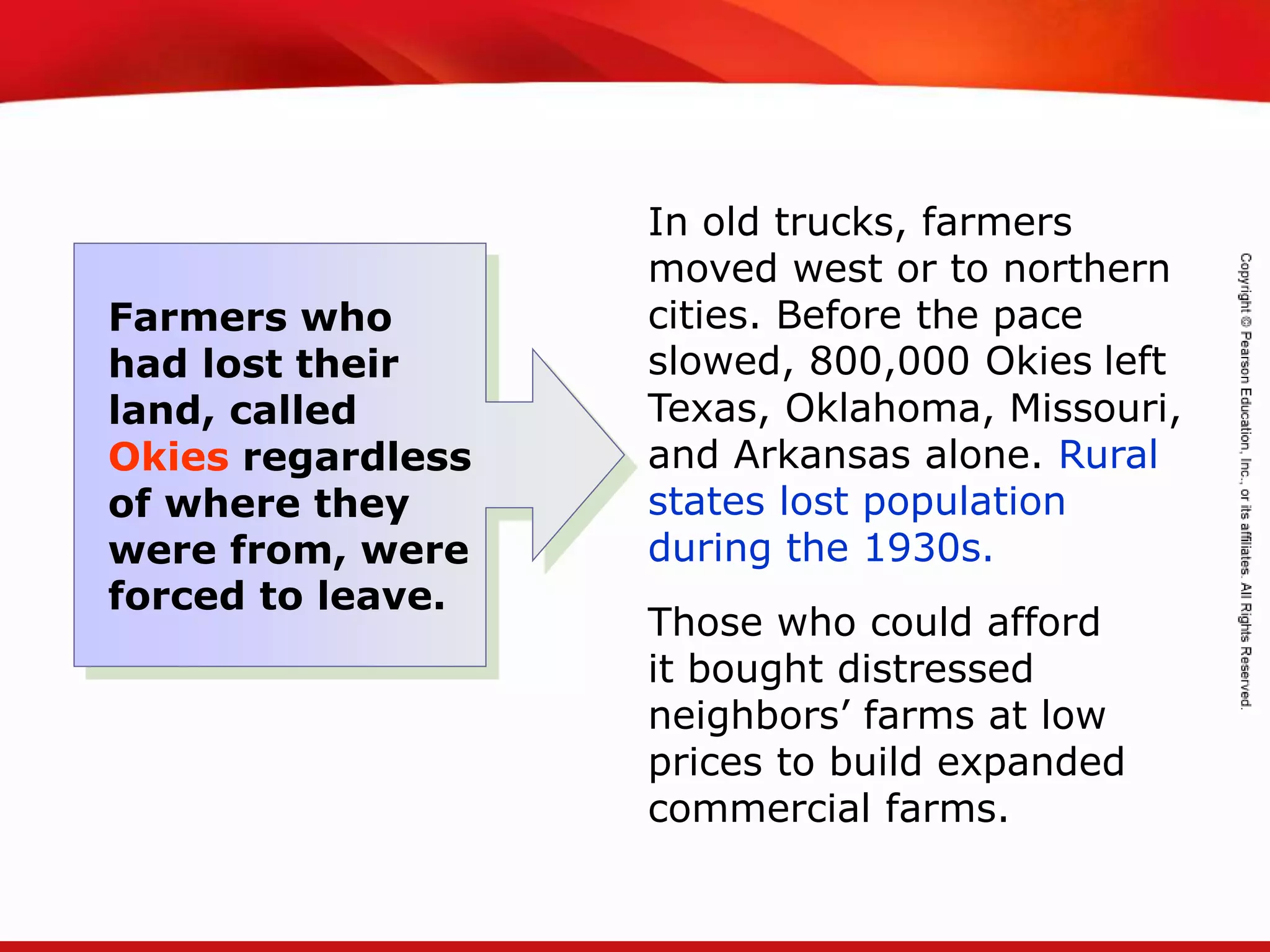 TEKS 8C: Calculate percent composition and empirical and molecular formulas.
In old trucks, farmers
moved west or to northern
cities. Before the pace
slowed, 800,000 Okies left
Texas, Oklahoma, Missouri,
and Arkansas alone. Rural
states lost population
during the 1930s.
Those who could afford
it bought distressed
neighbors’ farms at low
prices to build expanded
commercial farms.
Farmers who
had lost their
land, called
Okies regardless
of where they
were from, were
forced to leave.
 