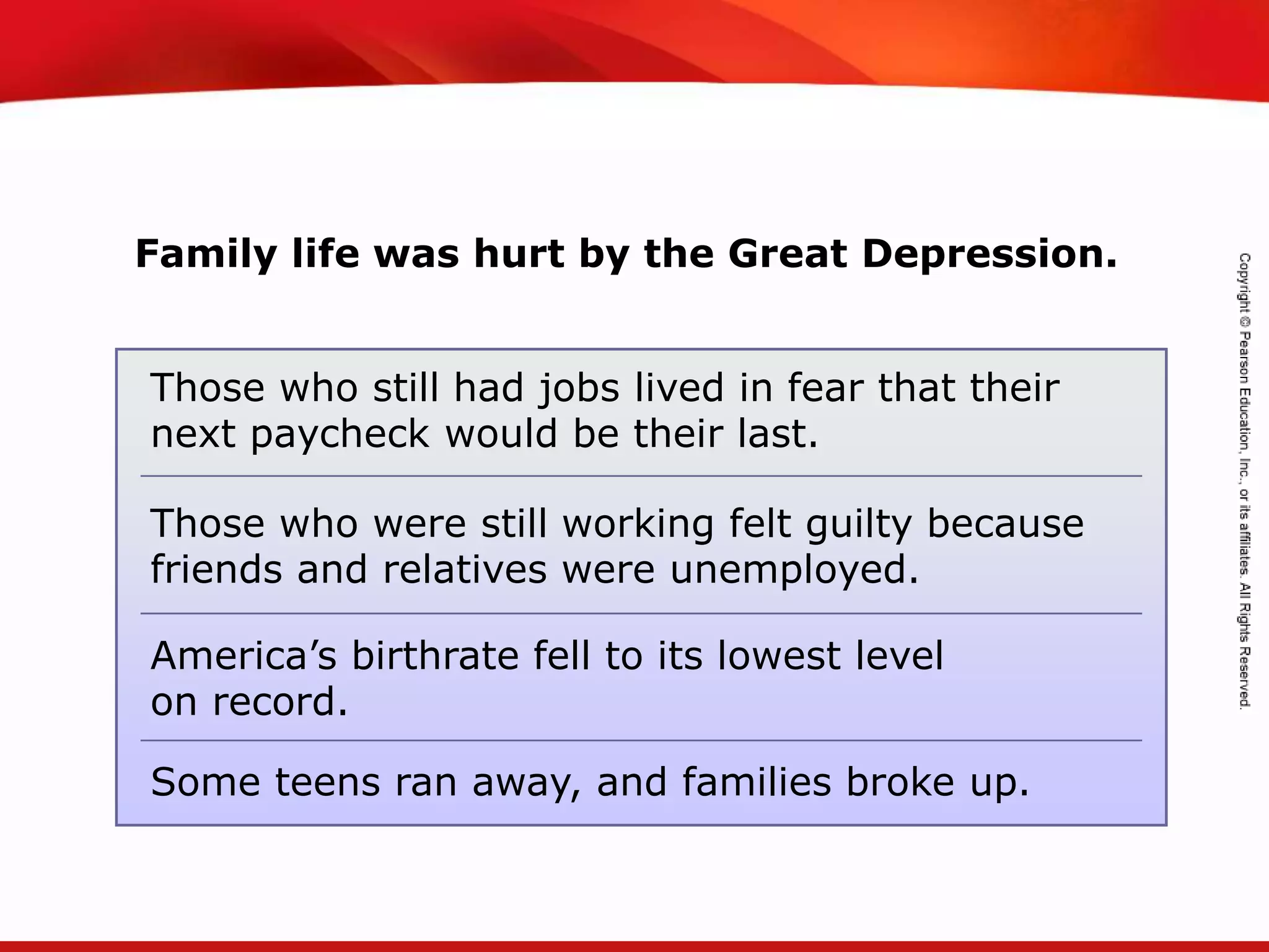 TEKS 8C: Calculate percent composition and empirical and molecular formulas.
Family life was hurt by the Great Depression.
Some teens ran away, and families broke up.
America’s birthrate fell to its lowest level
on record.
Those who were still working felt guilty because
friends and relatives were unemployed.
Those who still had jobs lived in fear that their
next paycheck would be their last.
 