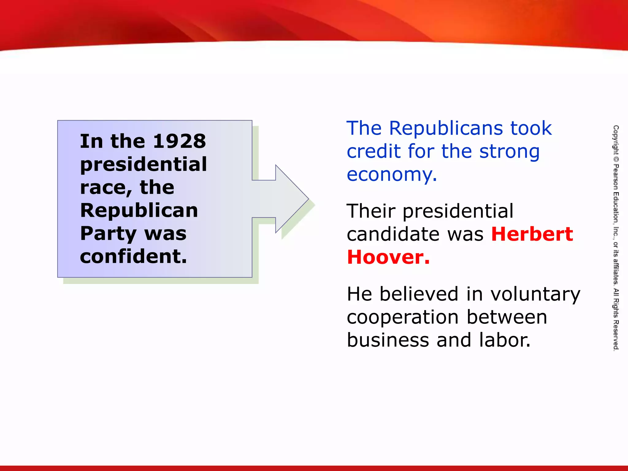 TEKS 8C: Calculate percent composition and empirical and molecular formulas.
The Republicans took
credit for the strong
economy.
Their presidential
candidate was Herbert
Hoover.
He believed in voluntary
cooperation between
business and labor.
In the 1928
presidential
race, the
Republican
Party was
confident.
 