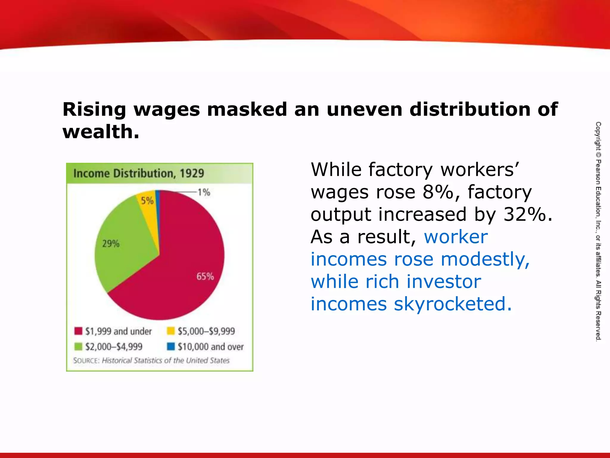 TEKS 8C: Calculate percent composition and empirical and molecular formulas.
Rising wages masked an uneven distribution of
wealth.
While factory workers’
wages rose 8%, factory
output increased by 32%.
As a result, worker
incomes rose modestly,
while rich investor
incomes skyrocketed.
 