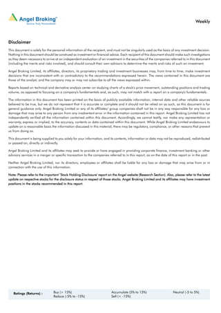 Weekly



Disclaimer
This document is solely for the personal information of the recipient, and must not be singularly used as the basis of any investment decision.
Nothing in this document should be construed as investment or financial advice. Each recipient of this document should make such investigations
as they deem necessary to arrive at an independent evaluation of an investment in the securities of the companies referred to in this document
(including the merits and risks involved), and should consult their own advisors to determine the merits and risks of such an investment.

Angel Broking Limited, its affiliates, directors, its proprietary trading and investment businesses may, from time to time, make investment
decisions that are inconsistent with or contradictory to the recommendations expressed herein. The views contained in this document are
those of the analyst, and the company may or may not subscribe to all the views expressed within.

Reports based on technical and derivative analysis center on studying charts of a stock's price movement, outstanding positions and trading
volume, as opposed to focusing on a company's fundamentals and, as such, may not match with a report on a company's fundamentals.

The information in this document has been printed on the basis of publicly available information, internal data and other reliable sources
believed to be true, but we do not represent that it is accurate or complete and it should not be relied on as such, as this document is for
general guidance only. Angel Broking Limited or any of its affiliates/ group companies shall not be in any way responsible for any loss or
damage that may arise to any person from any inadvertent error in the information contained in this report. Angel Broking Limited has not
independently verified all the information contained within this document. Accordingly, we cannot testify, nor make any representation or
warranty, express or implied, to the accuracy, contents or data contained within this document. While Angel Broking Limited endeavours to
update on a reasonable basis the information discussed in this material, there may be regulatory, compliance, or other reasons that prevent
us from doing so.

This document is being supplied to you solely for your information, and its contents, information or data may not be reproduced, redistributed
or passed on, directly or indirectly.

Angel Broking Limited and its affiliates may seek to provide or have engaged in providing corporate finance, investment banking or other
advisory services in a merger or specific transaction to the companies referred to in this report, as on the date of this report or in the past.

Neither Angel Broking Limited, nor its directors, employees or affiliates shall be liable for any loss or damage that may arise from or in
connection with the use of this information.

Note: Please refer to the important ‘Stock Holding Disclosure' report on the Angel website (Research Section). Also, please refer to the latest
update on respective stocks for the disclosure status in respect of those stocks. Angel Broking Limited and its affiliates may have investment
positions in the stocks recommended in this report.




   Ratings (Returns) :          Buy (> 15%)                              Accumulate (5% to 15%)                      Neutral (-5 to 5%)
                                Reduce (-5% to -15%)                     Sell (< -15%)
 
