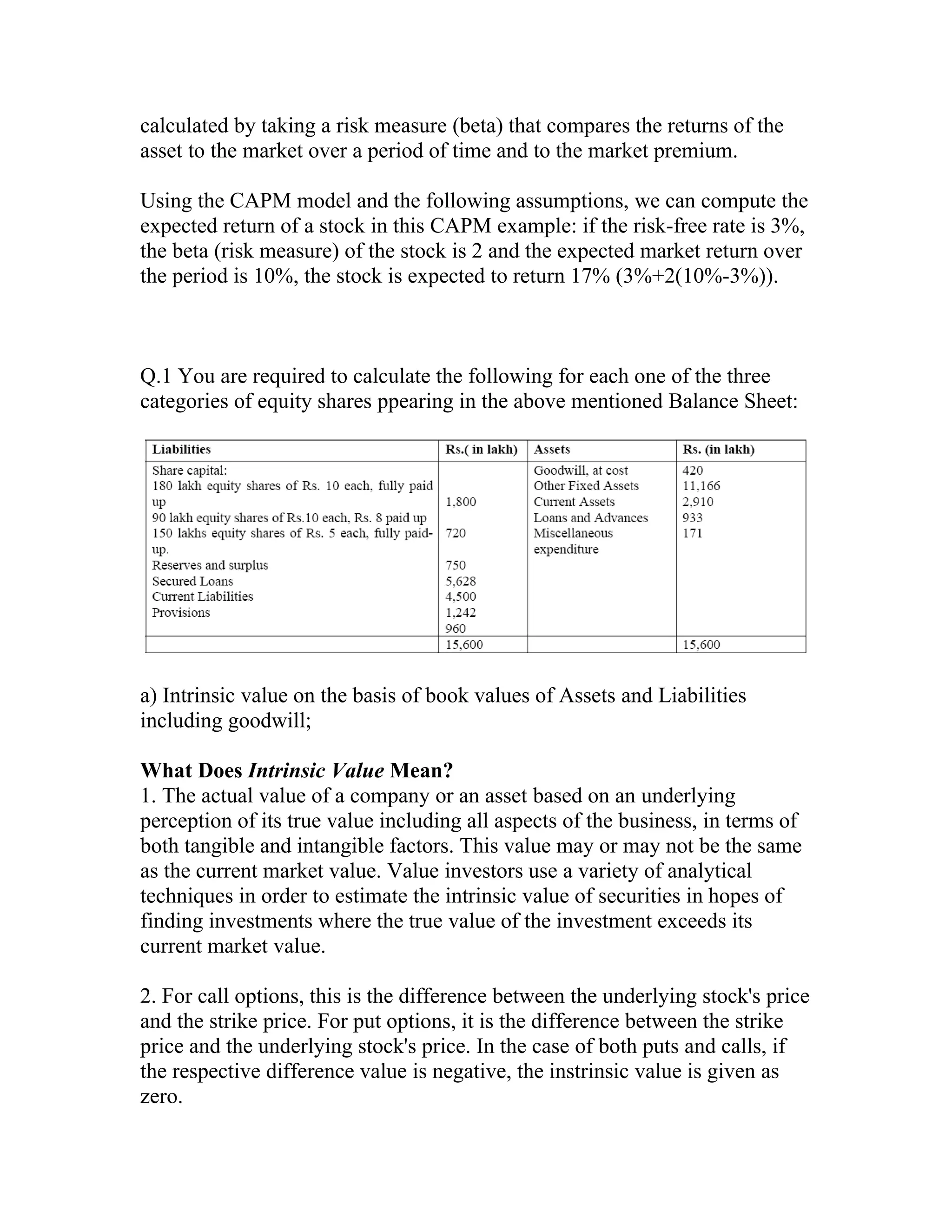 calculated by taking a risk measure (beta) that compares the returns of the
asset to the market over a period of time and to the market premium.

Using the CAPM model and the following assumptions, we can compute the
expected return of a stock in this CAPM example: if the risk-free rate is 3%,
the beta (risk measure) of the stock is 2 and the expected market return over
the period is 10%, the stock is expected to return 17% (3%+2(10%-3%)).



Q.1 You are required to calculate the following for each one of the three
categories of equity shares ppearing in the above mentioned Balance Sheet:




a) Intrinsic value on the basis of book values of Assets and Liabilities
including goodwill;

What Does Intrinsic Value Mean?
1. The actual value of a company or an asset based on an underlying
perception of its true value including all aspects of the business, in terms of
both tangible and intangible factors. This value may or may not be the same
as the current market value. Value investors use a variety of analytical
techniques in order to estimate the intrinsic value of securities in hopes of
finding investments where the true value of the investment exceeds its
current market value.

2. For call options, this is the difference between the underlying stock's price
and the strike price. For put options, it is the difference between the strike
price and the underlying stock's price. In the case of both puts and calls, if
the respective difference value is negative, the instrinsic value is given as
zero.
 