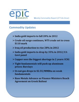 Weekly Commodity Report (27 Feb-3mar)



Commodity Updates

   India gold imports to fall 20% in 2012
   Crude oil surge continues, WTI crude set to cross
    $110 mark
   Iraq oil production to rise 28% in 2012
   India gold imports to drop by 35% in 2012/13:
    Govt panel
   Copper sees the biggest shortage in 2 years: ICSG
   Tight fundamentals will push up aluminum
    prices: Barclays
   Us nat gas drops to $2.55/MMBtu on weak
    fundamentals
Silver futures down on weak global cues
   Base Metals Advance as Finance Ministers Reach
    Agreement on Greek Bailout
 
