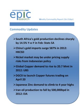 Weekly Commodity Report (16-21Apr)



Commodity Updates

  South Africa's gold production declines sharply
   by 14.5% Y-o-Y in Feb: Stats SA
  China's gold imports surge 587% in 2012:
   HKCSD
  Nickel market may be under pricing supply
   risks from Indonesian policy
  Global Copper demand to rise to 20.7 Mmt in
   2012: UBS
  DGCX to launch Copper futures trading on
   April 20
Silver futures down on weak global cues
  Japanese Zinc demand to climb to 4 year highs
  Iran oil production to fall by 500,000bpd in
   2012: EIA
 