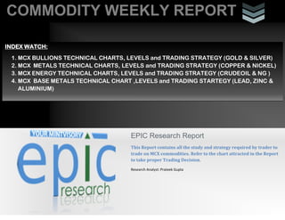 COMMODITY WEEKLY REPORT
i
EPIC Research Report
This Report contains all the study and strategy required by trader to
trade on MCX commodities. Refer to the chart attracted in the Report
to take proper Trading Decision.
Research Analyst: Prateek Gupta
INDEX WATCH:
1. MCX BULLIONS TECHNICAL CHARTS, LEVELS and TRADING STRATEGY (GOLD & SILVER)
2. MCX METALS TECHNICAL CHARTS, LEVELS and TRADING STRATEGY (COPPER & NICKEL)
3. MCX ENERGY TECHNICAL CHARTS, LEVELS and TRADING STRATEGY (CRUDEOIL & NG )
4. MCX BASE METALS TECHNICAL CHART ,LEVELS and TRADING STARTEGY (LEAD, ZINC &
ALUMINIUM)
 