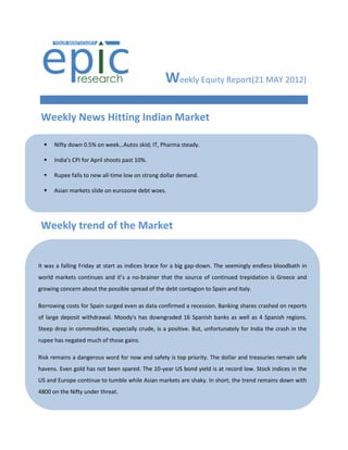 Weekly Equity Report(21 MAY 2012)

 Weekly News Hitting Indian Market

     Nifty down 0.5% on week…Autos skid; IT, Pharma steady.

     India's CPI for April shoots past 10%.

     Rupee falls to new all-time low on strong dollar demand.

     Asian markets slide on eurozone debt woes.




 Weekly trend of the Market
     CPI for Industrial Workers spikes in February.

   
It was a falling Friday at start as indices brace for a big gap-down. The seemingly endless bloodbath in
world Rupee hits two-month low...Slips below 51 per the source of continued trepidation is Greece and
  markets continues and it’s a no-brainer that $.
growing concern about the possible spread of the debt contagion to Spain and Italy.
   Tech Mahindra-Satyam merger ratio fixed at 2:17.
Borrowingtightens norms for gold even companies.
   RBI costs for Spain surged loan as data confirmed a recession. Banking shares crashed on reports
of large deposit withdrawal. Moody's has downgraded 16 Spanish banks as well as 4 Spanish regions.
   China’s flash manufacturing PMI slips in March.
Steep drop in commodities, especially crude, is a positive. But, unfortunately for India the crash in the
  
rupee has negated much of those gains.

   Dinesh Trivedi stays Railway Minister till Mar is
Risk remains a dangerous word for now and safety30.top priority. The dollar and treasuries remain safe
havens. Even gold has rate,been unchanged. 10-year US bond yield is at record low. Stock indices in the
   RBI leaves repo not CRR spared. The
US and Europe continue to tumble while Asian markets are shaky. In short, the trend remains down with
   India's industrial output accelerates in January.
4800 on the Nifty under threat.
   Inflation climbs due to costlier food prices.

  

     India's industrial output growth slumps again.

     SEBI seeks 15% quota for small investors in buybacks.
 