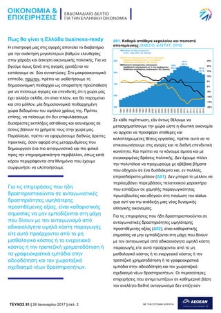 TEYXΟΣ 81 | 26 Ιανουαρίου 2017 | σελ. 2 ΜΕ ΤΗΝ ΕΥΓΕΝΙΚΗ ΧΟΡΗΓΙΑ:
Πως θα γίνει η Ελλάδα business-ready
Η επιστροφή μας στις αγορές αποτελεί το διαβατήριο
για την ανάκτηση μεγαλύτερων βαθμών ελευθερίας
στην χάραξη και άσκηση οικονομικής πολιτικής. Για να
βγούμε όμως ξανά στις αγορές χρειάζεται να
εστιάσουμε σε δύο συνιστώσες: Στο μακροοικονομικό
επίπεδο, πρώτον, πρέπει να υιοθετήσουμε τη
δημοσιονομική πειθαρχία ως απαραίτητη προϋπόθεση
για να πείσουμε αγορές και επενδυτές ότι η χώρα μας
έχει αλλάξει σελίδα, ότι είναι πλέον, και θα παραμείνει
και στο μέλλον, μία δημοσιονομικά πειθαρχημένη
χώρα δεδομένου του υψηλού χρέους της. Πρέπει,
επίσης, να πείσουμε ότι δεν επιφυλάσσουμε
δυσάρεστες εκπλήξεις αστάθειας και ασυνέχειας σε
όσους βάλουν τα χρήματα τους στην χώρα μας.
Παράλληλα, πρέπει να εφαρμόσουμε διεθνώς άριστες
πρακτικές, όσον αφορά στις μεταρρυθμίσεις που
δημιουργούν ένα πιο ανταγωνιστικό και πιο φιλικό
προς την επιχειρηματικότητα περιβάλλον, όπως κατά
κόρον περιγράφονται στα Μνημόνια που έχουμε
συμφωνήσει να υλοποιήσουμε.
Για τις επιχειρήσεις που ήδη
δραστηριοποιούνται σε ανταγωνιστικές
δραστηριότητες υψηλότερης
προστιθέμενης αξίας, είναι καθοριστικής
σημασίας να μην εμποδίζονται στη μάχη
που δίνουν με τον ανταγωνισμό από
αδικαιολόγητα υψηλά κόστη παραγωγής
είτε αυτά προέρχονται από το μη
μισθολογικό κόστος ή το ενεργειακό
κόστος ή την τραπεζική χρηματοδότηση ή
τα γραφειοκρατικά εμπόδια στην
αδειοδότηση και τον χωροταξικό
σχεδιασμό νέων δραστηριοτήτων.
Σε κάθε περίπτωση, εάν όντως θέλουμε να
μετασχηματίσουμε την χώρα ώστε η ιδιωτική οικονομία
να αρχίσει να προσφέρει σταθερές και
καλοπληρωμένες θέσεις εργασίας, πρέπει αυτό να το
επικοινωνήσουμε στις αγορές και τη διεθνή επενδυτική
κοινότητα. Και πρέπει να το κάνουμε άμεσα και με
συγκεκριμένες δράσεις πολιτικής. Δεν έχουμε πλέον
την πολυτέλεια να προχωρούμε με αβέβαια βήματα
που οδηγούν σε ένα δυσδιάκριτο και, εν πολλοίς,
απροσδιόριστο μέλλον (Δ01). Δεν μπορεί το μέλλον να
περιλαμβάνει παρεμβάσεις πελατειακού χαρακτήρα
που εστιάζουν σε χαμηλής παραγωγικότητας
πρωτοβουλίες και οδηγούν στη παγίωση του status
quo αντί για την ανάδειξη μιας νέας δυναμικής
ελληνικής οικονομίας.
Για τις επιχειρήσεις που ήδη δραστηριοποιούνται σε
ανταγωνιστικές δραστηριότητες υψηλότερης
προστιθέμενης αξίας (Δ02), είναι καθοριστικής
σημασίας να μην εμποδίζονται στη μάχη που δίνουν
με τον ανταγωνισμό από αδικαιολόγητα υψηλά κόστη
παραγωγής είτε αυτά προέρχονται από το μη
μισθολογικό κόστος ή το ενεργειακό κόστος ή την
τραπεζική χρηματοδότηση ή τα γραφειοκρατικά
εμπόδια στην αδειοδότηση και τον χωροταξικό
σχεδιασμό νέων δραστηριοτήτων. Οι περισσότερες
επιχειρήσεις που αντιμετωπίζουν σε καθημερινή βάση
τον ανελέητο διεθνή ανταγωνισμό δεν επιζητούν
Δ01. Καθαρό απόθεμα κεφαλαίου και ποσοστό
αποταμίευσης (AMECO, ΕΛΣΤΑΤ, 2016)
 