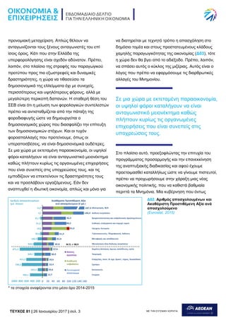 TEYXΟΣ 81 | 26 Ιανουαρίου 2017 | σελ. 3 ΜΕ ΤΗΝ ΕΥΓΕΝΙΚΗ ΧΟΡΗΓΙΑ:
προνομιακή μεταχείριση. Απλώς θέλουν να
ανταγωνίζονται τους ξένους ανταγωνιστές του επί
ίσοις όροις. Κάτι που στην Ελλάδα της
υπερφορολόγησης είναι σχεδόν αδύνατον. Πρέπει,
λοιπόν, στο πλαίσιο της στροφής του παραγωγικού
προτύπου προς πιο εξωστρεφείς και δυναμικές
δραστηριότητες, η χώρα να τιθασεύσει τα
δημοσιονομικά της ελλείμματα όχι με συνεχείς,
περισσότερους και υψηλότερους φόρους, αλλά με
μεγαλύτερη περικοπή δαπανών. Η σταθερή θέση του
ΣΕΒ είναι ότι η μείωση των φορολογικών συντελεστών
πρέπει να αντισταθμίζεται από την πάταξη της
φοροδιαφυγής ώστε να δημιουργείται ο
δημοσιονομικός χώρος που διασφαλίζει την επίτευξη
των δημοσιονομικών στόχων. Και οι τυχόν
φοροαπαλλαγές που προτείνουμε, όπως οι
υπεραποσβέσεις, να είναι δημοσιονομικά ουδέτερες.
Σε μια χώρα με εκτεταμένη παραοικονομία, οι υψηλοί
φόροι καταλήγουν να είναι ανταγωνιστικό μειονέκτημα
καθώς πλήττουν κυρίως τις οργανωμένες επιχειρήσεις
που είναι συνεπείς στις υποχρεώσεις τους, και τις
εμποδίζουν να επεκτείνουν τις δραστηριότητες τους
και να προσλάβουν εργαζόμενους. Εάν δεν
αναπτυχθεί η ιδιωτική οικονομία, απλώς και μόνο για
να διατηρείται με τεχνητό τρόπο η απασχόληση στο
δημόσιο τομέα και στους προστατευμένους κλάδους
χαμηλής παραγωγικότητας της οικονομίας (Δ03), τότε
η χώρα δεν θα βγει από το αδιέξοδο. Πρέπει, λοιπόν,
να σπάσει αυτός ο κύκλος της μιζέριας. Αυτός είναι ο
λόγος που πρέπει να εφαρμόσουμε τις διαρθρωτικές
αλλαγές του Μνημονίου.
Σε μια χώρα με εκτεταμένη παραοικονομία,
οι υψηλοί φόροι καταλήγουν να είναι
ανταγωνιστικό μειονέκτημα καθώς
πλήττουν κυρίως τις οργανωμένες
επιχειρήσεις που είναι συνεπείς στις
υποχρεώσεις τους.
Στο πλαίσιο αυτό, προεξοφλώντας την επιτυχία του
προγράμματος προσαρμογής και την επανεκκίνηση
της αναπτυξιακής διαδικασίας και αφού έχουμε
προετοιμασθεί καταλλήλως ώστε να γίνουμε πιστευτοί,
πρέπει να προχωρήσουμε στην χάραξη μιας νέας
οικονομικής πολιτικής, που να καθιστά βαθμιαία
περιττά τα Μνημόνια. Μία κυβέρνηση που όντως
Δ02. Αριθμός απασχολουμένων και
Ακαθάριστη Προστιθέμενη Αξία ανά
απασχολούμενο
(Eurostat, 2015)
* τα στοιχεία αναφέρονται στο μέσο όρο 2014-2015
 