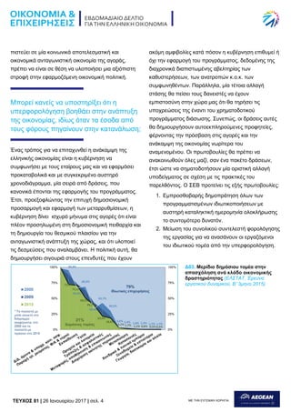 TEYXΟΣ 81 | 26 Ιανουαρίου 2017 | σελ. 4 ΜΕ ΤΗΝ ΕΥΓΕΝΙΚΗ ΧΟΡΗΓΙΑ:
πιστεύει σε μία κοινωνικά αποτελεσματική και
οικονομικά ανταγωνιστική οικονομία της αγοράς,
πρέπει να είναι σε θέση να υλοποιήσει μια αξιόπιστη
στροφή στην εφαρμοζόμενη οικονομική πολιτική.
Μπορεί κανείς να υποστηρίξει ότι η
υπερφορολόγηση βοηθάει στην ανάπτυξη
της οικονομίας, ιδίως όταν τα έσοδα από
τους φόρους πηγαίνουν στην κατανάλωση;
Ένας τρόπος για να επιταχυνθεί η ανάκαμψη της
ελληνικής οικονομίας είναι η κυβέρνηση να
συμφωνήσει με τους εταίρους μας και να εφαρμόσει
προκαταβολικά και με συγκεκριμένο αυστηρό
χρονοδιάγραμμα, μία σειρά από δράσεις, που
κανονικά έπονται της εφαρμογής του προγράμματος.
Έτσι, προεξοφλώντας την επιτυχή δημοσιονομική
προσαρμογή και εφαρμογή των μεταρρυθμίσεων, η
κυβέρνηση δίνει ισχυρό μήνυμα στις αγορές ότι είναι
πλέον προσηλωμένη στη δημοσιονομική πειθαρχία και
τη δημιουργία του θεσμικού πλαισίου για την
ανταγωνιστική ανάπτυξη της χώρας, και ότι υλοποιεί
τις δεσμεύσεις που αναλαμβάνει. Η πολιτική αυτή, θα
δημιουργήσει σιγουριά στους επενδυτές που έχουν
ακόμη αμφιβολίες κατά πόσον η κυβέρνηση επιθυμεί ή
όχι την εφαρμογή του προγράμματος, δεδομένης της
διαχρονικά διαπιστωμένης αβελτηρίας των
καθυστερήσεων, των ανατροπών κ.ο.κ. των
συμφωνηθέντων. Παράλληλα, μία τέτοια αλλαγή
στάσης θα πείσει τους δανειστές να έχουν
εμπιστοσύνη στην χώρα μας ότι θα τηρήσει τις
υποχρεώσεις της έναντι του χρηματοδοτικού
προγράμματος διάσωσης. Συνεπώς, οι δράσεις αυτές
θα δημιουργήσουν αυτοεκπληρούμενες προφητείες,
φέρνοντας την πρόσβαση στις αγορές και την
ανάκαμψη της οικονομίας νωρίτερα του
αναμενομένου. Οι πρωτοβουλίες θα πρέπει να
ανακοινωθούν όλες μαζί, σαν ένα πακέτο δράσεων,
έτσι ώστε να σηματοδοτήσουν μία οριστική αλλαγή
υποδείγματος σε σχέση με τις πρακτικές του
παρελθόντος. Ο ΣΕΒ προτείνει τις εξής πρωτοβουλίες:
1. Εμπροσθοβαρής δημοπράτηση όλων των
προγραμματισμένων ιδιωτικοποιήσεων με
αυστηρή καταληκτική ημερομηνία ολοκλήρωσης
το συντομότερο δυνατόν.
2. Μείωση του συνολικού συντελεστή φορολόγησης
της εργασίας για να ανασάνουν οι εργαζόμενοι
του ιδιωτικού τομέα από την υπερφορολόγηση.
Δ03. Μερίδιο δημόσιου τομέα στην
απασχόληση ανά κλάδο οικονομικής
δραστηριότητας (ΕΛΣΤΑΤ, Έρευνα
εργατικού δυναμικού, Β’ 3μηνο 2015)
 