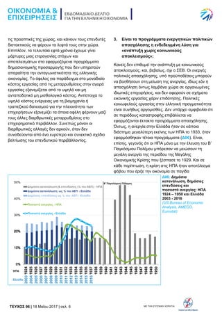 TEYXΟΣ 96 | 18 Μαΐου 2017 | σελ. 6 ΜΕ ΤΗΝ ΕΥΓΕΝΙΚΗ ΧΟΡΗΓΙΑ:
τις προοπτικές της χώρας, και κάνουν τους επενδυτές
διστακτικούς να φέρουν τα λεφτά τους στην χώρα.
Επιπλέον, τα τελευταία εφτά χρόνια έχουμε γίνει
μάρτυρες μιας ετερογονίας στόχων και
αποτελεσμάτων στα εφαρμοζόμενα προγράμματα
δημοσιονομικής προσαρμογής που δεν υπηρετούν
απαραίτητα την ανταγωνιστικότητα της ελληνικής
οικονομίας. Το όφελος για παράδειγμα στο μοναδιαίο
κόστος εργασίας από τις μεταρρυθμίσεις στην αγορά
εργασίας εξανεμίζεται από το υψηλό και μη
ανταποδοτικό μη μισθολογικό κόστος. Αντίστοιχα το
υψηλό κόστος ενέργειας για τη βιομηχανία ή
τραπεζικού δανεισμού για την πλειονότητα των
επιχειρήσεων εξανεμίζει τα όποια οφέλη φέρνουν μαζί
τους άλλες διαρθρωτικές μεταρρυθμίσεις στο
επιχειρηματικό περιβάλλον. Συνεπώς μόνον οι
διαρθρωτικές αλλαγές δεν αρκούν, όταν δεν
συνοδεύονται από ένα ευρύτερο και συνεκτικό σχέδιο
βελτίωσης του επενδυτικού περιβάλλοντος.
3. Είναι τα προγράμματα ενεργητικών πολιτικών
απασχόλησης η ενδεδειγμένη λύση για
«ανάπτυξη χωρίς κοινωνικούς
αποκλεισμούς»;
Κανείς δεν επιθυμεί την ανάπτυξη με κοινωνικούς
αποκλεισμούς, και, βεβαίως, όχι ο ΣΕΒ. Οι ενεργές
πολιτικές απασχόλησης, υπό προϋποθέσεις μπορούν
να βοηθήσουν στη μείωση της ανεργίας, ιδίως εάν η
απασχόληση όντως λαμβάνει χώρα σε οργανωμένες
ιδιωτικές επιχειρήσεις, και δεν αφορούν σε σχήματα
εικονικής εργασίας χάριν επιδότησης. Πολιτικές
κοινωφελούς εργασίας στην ελληνική πραγματικότητα
είναι συνήθως αργομισθίες. Δεν υπάρχει αμφιβολία ότι
σε περιόδους καταστροφής επιβάλλεται να
εφαρμόζονται έκτακτα προγράμματα απασχόλησης.
Όντως, η ανεργία στην Ελλάδα ήταν σε κάποιο
διάστημα μεγαλύτερη εκείνης των ΗΠΑ το 1933, όταν
εφαρμόσθηκαν τέτοια προγράμματα (Δ06). Είναι,
επίσης, γεγονός ότι οι ΗΠΑ μόνο με την έλευση του Β’
Παγκόσμιου Πολέμου μπόρεσαν να μειώσουν τη
μεγάλη ανεργία της περιόδου της Μεγάλης
Οικονομικής Κρίσης που ξέσπασε το 1929. Και σε
κάθε περίπτωση, η κρίση στις ΗΠΑ ήταν αποτέλεσμα
φόβου που έριξε την οικονομία σε παγίδα
Δ06: Δημόσια
κατανάλωση, δημόσιες
επενδύσεις και
ποσοστό ανεργίας: ΗΠΑ
1924 – 1950 και Ελλάδα
2003 - 2016
(US Bureau of Economic
Analysis, AMECO,
Eurostat)
 