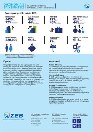 Οικονομικά μεγέθη μελών ΣΕΒ
*Άθροισμα δημοσιευμένων ισολογισμών ΑΕ και ΕΠΕ
** Άθροισμα κερδών και ζημιών όλων των επιχειρήσεων
*** Φορολογητέα κέρδη κερδοφόρων επιχειρήσεων
Όραμα
Οραματιζόμαστε την Ελλάδα ως τη χώρα, που κάθε
πολίτης του κόσμου θα θέλει και θα μπορεί να επισκεφθεί,
να ζήσει και να επενδύσει. Οραματιζόμαστε μια ανοιχτή,
κοινωνικά υπεύθυνη και οικονομικά φιλελεύθερη χώρα-
μέλος της Ευρωπαϊκής Ένωσης, που προτάσσει την
ισχυρή ανάπτυξη ως παράγοντα κοινωνικής συνοχής.
Θέλουμε μια Ελλάδα δυναμικό κέντρο της ευρωπαϊκής
περιφέρειας, με στέρεους θεσμούς, ελκυστικό κοινωνικό
και οικονομικό περιβάλλον, που προάγει τις εξαγωγές, την
καινοτόμο επιχειρηματικότητα, την παραγωγή και τις
ποιοτικές υπηρεσίες, τη βιώσιμη ανάπτυξη, τη γνώση, τη
συνοχή, τις ίσες ευκαιρίες και το κράτος δικαίου.
Αποστολή
Ηγεσία & Γνώση
Ο ΣΕΒ διαδραματίζει ηγετικό ρόλο στον μετασχηματισμό
της Ελλάδας σε μια παραγωγική, εξωστρεφή και
ανταγωνιστική οικονομία, ως ανεξάρτητος και υπεύθυνος
εκπρόσωπος της ιδιωτικής οικονομίας.
Κοινωνικός Εταίρος
Ο ΣΕΒ, ως κοινωνικός εταίρος που πιστεύει στη
λειτουργία των θεσμών, προωθεί στα αρμόδια όργανα της
Πολιτείας και της Ε.Ε. τις απόψεις και θέσεις της
επιχειρηματικής κοινότητας.
Ισχυρός Εκπρόσωπος
Ο ΣΕΒ διαμορφώνει θέσεις, αναλύσεις και προτάσεις
πολιτικής για την οικονομία, τη βιομηχανία, την
καινοτομία, την απασχόληση, την παιδεία και τις
εργασιακές δεξιότητες, τον κοινωνικό διάλογο, τη βιώσιμη
ανάπτυξη, την εταιρική υπευθυνότητα.
Φορέας Δικτύωσης
Ο ΣΕΒ δικτυώνει τα μέλη του μεταξύ τους & με τα κέντρα
αποφάσεων (εγχώρια και διεθνή), με στόχο τη δημιουργία
προστιθέμενης αξίας.
 