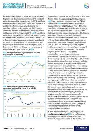 TEYXΟΣ 82 | 2 Φεβρουαρίου 2017 | σελ. 4 ΜΕ ΤΗΝ ΕΥΓΕΝΙΚΗ ΧΟΡΗΓΙΑ:
Περαιτέρω διερεύνηση, ως προς την κατανομή μεταξύ
δημοσίου και ιδιωτικού τομέα, αποκαλύπτει ότι α) στο
επίπεδο των μισθών, στο ενιάμηνο του 2016 η αύξηση
είναι μεγαλύτερη στον ιδιωτικό τομέα, ενώ μέχρι τότε οι
μισθοί στον ιδιωτικό τομέα μειωνόντουσαν (με
μοναδική εξαίρεση το 4ο τρίμηνο του 2014) ενώ οι
μισθοί στο δημόσιο τομέα άρχισαν, και συνεχίζουν να
αυξάνονται, από το α’ τριμ. του 2015 (Δ04), και, β) στο
επίπεδο της απασχόλησης, ο δημόσιος τομέας περνάει
σε φάση έντονης ανάκαμψης το 2015 ενώ παράλληλα
ο ιδιωτικός τομέας φαίνεται να υποχωρεί οριακά μετά
τα υψηλά ποσοστά αύξησης της απασχόλησης που
σημειώθηκαν στο επεισόδιο ανάκαμψης του 2014-15.
Στο ενιάμηνο 2016, οι αυξήσεις στην απασχόληση
είναι υψηλές και στους δύο τομείς (Δ05).
Επισημαίνεται, πάντως, ότι η αύξηση των μισθών στον
ιδιωτικό τομέα της Έρευνας Εργατικού Δυναμικού
(Δ05) δεν αποτυπώνεται στα στοιχεία του ΕΦΚΑ
(πρώην ΙΚΑ, Δ06), όπου η μεταβολή του μέσου
ημερομισθίου των ασφαλισμένων στον ΕΦΚΑ, που
εμφανίζεται προ φόρων και ασφαλιστικών εισφορών
(μικτά), για την περίοδο Ιαν-Απρ. 2016 (τελευταία
διαθέσιμα στοιχεία) κυμαίνεται κοντά στο -2%, όταν τα
στοιχεία της Έρευνας Εργατικού Δυναμικού
αποτυπώνουν αντίστοιχη αύξηση μισθών κοντά στο
+1%, την ίδια περίοδο. Η διαφορά αυτή μπορεί να
σηματοδοτεί την ύπαρξη εργασίας, που δηλώνεται
μόνο εν μέρει, και συνεπώς, φοροδιαφυγής στο
εισόδημα και τις εισφορές κοινωνικής ασφάλισης. Οι
επίσημες αναγγελίες απασχόλησης στον ΕΦΚΑ
δείχνουν ότι στις ιδιωτικές επιχειρήσεις
προσλαμβάνονται εργαζόμενοι με όλο και
χαμηλότερους μισθούς (μικτά), την ίδια ώρα που οι
ίδιοι οι εργαζόμενοι δηλώνουν στην Έρευνα Εργατικού
Δυναμικού όλο και υψηλότερους καθαρούς μισθούς.
Επίσης, ταυτόχρονα, η πλήρως αδήλωτη εργασία
προφανώς ενισχύει ακόμη περαιτέρω τους μισθούς
που δηλώνονται στην Έρευνα Εργατικού Δυναμικού.
Σε κάθε περίπτωση, πάντως, φαίνεται ότι, η αύξηση
των μισθών στον ιδιωτικό τομέα της οικονομίας
ενσωματώνει, σε κάποιο βαθμό, την ενίσχυση του
φαινομένου της αδήλωτης εργασίας, ως αποτέλεσμα
του υψηλού μη μισθολογικού κόστους, που ωθεί
ορισμένες επιχειρήσεις σε μεγαλύτερη φοροδιαφυγή
για να επιβιώσουν, χωρίς αυτό να σημαίνει ότι δεν
βελτιώνεται η οικονομική δραστηριότητα και η
απασχόληση. Η αδήλωτη εργασία είναι, πάντως, μια
βόμβα στα θεμέλια του συστήματος κοινωνικής
ασφάλισης και θα πρέπει να αντιμετωπισθεί.
Κατασταλτικά μέτρα κατά της αδήλωτης εργασίας δεν
φέρνουν μόνιμο αποτέλεσμα. Στην βάση του
προβλήματος είναι η γενικότερη υπερφορολόγηση
εργαζομένων και επιχειρήσεων, που έχει εν μέρει
εξαλείψει την παραδοσιακή αντιδικία μεταξύ
εργαζομένων και εργοδοτών.
Β. Εισόδημα από ατομικές επιχειρήσεις και
ελευθέρια επαγγέλματα (Δ07): το εισόδημα των
αυτοαπασχολούμενων (μη μισθωτών), που
αντιπροσωπεύουν πάνω από το 1/3 περίπου του
Δ05. Απασχόληση στον δημόσιο και τον ιδιωτικό
τομέα, ετήσια % μεταβολή
(ΕΛΣΤΑΤ, Έρευνα Εργατικού Δυναμικού, Q3, 2016)
Δ06. Απασχόληση και μέσο ημερομίσθιο
ασφαλισμένων στο ΙΚΑ, ετήσια % μεταβολή
(ΙΚΑ, Απρ. 2016)
 