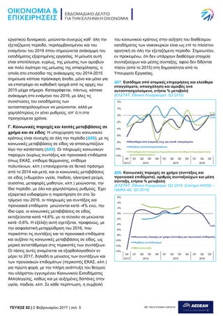 TEYXΟΣ 82 | 2 Φεβρουαρίου 2017 | σελ. 5 ΜΕ ΤΗΝ ΕΥΓΕΝΙΚΗ ΧΟΡΗΓΙΑ:
εργατικού δυναμικού, μειώνεται συνεχώς καθ΄ όλη την
εξεταζόμενη περίοδο, περιλαμβανομένου και του
ενιαμήνου του 2016 όπου σημειώνεται ανάκαμψη του
εισοδήματος εξαρτημένης εργασίας. Η μείωση αυτή
είναι αποτέλεσμα, κυρίως, της μείωσης των αμοιβών
και πολύ λιγότερο της μείωσης της απασχόλησης, η
οποία στο επεισόδιο της ανάκαμψης του 2014-2015
σημείωσε κάποια πρόσκαιρη άνοδο, μόνο και μόνο για
να επιστρέψει σε καθοδική τροχιά από τις αρχές του
2015 μέχρι σήμερα. Καταγράφεται, πάντως, κάποια
ανάκαμψη στο ενιάμηνο του 2016, με όλες τις
συνιστώσες του εισοδήματος των
αυτοαπασχολουμένων να μειώνονται, αλλά με
χαμηλότερους εν γένει ρυθμούς, απ’ ό,τι στα
προηγούμενα χρόνια.
Γ. Κοινωνικές παροχές και λοιπές μεταβιβάσεις σε
χρήμα και σε είδος: Η υποχώρηση του κοινωνικού
κράτους είναι συνεχής σε όλη την περίοδο (Δ08), με τις
κοινωνικές μεταβιβάσεις σε είδος να αποσυμπιέζουν
λίγο την κατάσταση (Δ09). Οι πληρωμές κοινωνικών
παροχών (κυρίως συντάξεις και προνοιακά επιδόματα
όπως ΕΚΑΣ, επίδομα θέρμανσης, επίδομα
πολυτέκνων, κλπ.) επανέρχονται σε θετικό πρόσημο
από το 2014 και μετά, και οι κοινωνικές μεταβιβάσεις
σε είδος («δωρεάν» υγεία, παιδεία, ηλεκτρικό ρεύμα,
συσσίτια, μεταφορές μαθητών, κλπ.) μειώνονται, την
ίδια περίοδο, με όλο και χαμηλότερους ρυθμούς. Έχει
εξαιρετικό ενδιαφέρον η παρατήρηση ότι στο 3ο
τρίμηνο του 2016, οι πληρωμές για συντάξεις και
προνοιακά επιδόματα μειώνονται κατά -4% ενώ, την
ίδια ώρα, οι κοινωνικές μεταβιβάσεις σε είδος
εκτοξεύονται κατά +4,6%, με το σύνολο να μειώνεται
κατά -0,6%. Η εξέλιξη αυτή σχετίζεται, προφανώς, με
την ασφαλιστική μεταρρύθμιση του 2016, που
περικόπτει τις συντάξεις και τα προνοιακά επιδόματα
και αυξάνει τις κοινωνικές μεταβιβάσεις σε είδος, ως
μερικό αντιστάθμισμα στις περικοπές των συντάξεων.
Οι τάσεις αυτές αναμένεται να εξορθολογισθούν εν
μέρει το 2017, δηλαδή οι μειώσεις των συντάξεων και
των προνοιακών επιδομάτων (περικοπές ΕΚΑΣ, κλπ.)
για πρώτη φορά, με την πλήρη ανάπτυξη του θεσμού
του ελάχιστου εγγυημένου Κοινωνικού Εισοδήματος
Αλληλεγγύης, καθώς και με αυξημένες δαπάνες στην
υγεία, παιδεία, κλπ. Σε κάθε περίπτωση, η συμβολή
του κοινωνικού κράτους στην αύξηση του διαθέσιμου
εισοδήματος των νοικοκυριών είναι ως επί το πλείστον
αρνητική σε όλη την εξεταζόμενη περίοδο. Σημειωτέον,
εν προκειμένω, ότι δεν υπάρχουν διαθέσιμα στοιχεία
συνταξιούχων και μέσης σύνταξης, αφού δεν δίδονται
πλέον (από το 2015) στη δημοσιότητα από το
Υπουργείο Εργασίας.
Δ07. Εισόδημα από ατομικές επιχειρήσεις και ελεύθερα
επαγγέλματα, απασχόληση και αμοιβές ανά
αυτοαπασχολούμενο, ετήσια % μεταβολή
(ΕΛΣΤΑΤ, Εθνικοί Λογαριασμοί, Q3 2016)
Δ08. Κοινωνικές παροχές σε χρήμα (συντάξεις και
προνοιακά επιδόματα), αριθμός συνταξιούχων και μέση
σύνταξη, ετήσια % μεταβολή
(ΕΛΣΤΑΤ, Εθνικοί Λογαριασμοί, Q3 2016, Σύστημα ΗΛΙΟΣ –
ΗΔΙΚΑ ΑΕ, Q3 2015)
 