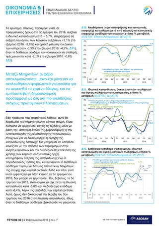 TEYXΟΣ 82 | 2 Φεβρουαρίου 2017 | σελ. 7 ΜΕ ΤΗΝ ΕΥΓΕΝΙΚΗ ΧΟΡΗΓΙΑ:
Το ερώτημα, πάντως, παραμένει γιατί, σε
πραγματικούς όρους στο 3ο τρίμηνο του 2016, αυξάνει
η ιδιωτική κατανάλωση κατά + 5,7%, στηριζόμενη σε
αύξηση του όγκου των λιανικών αυξήσεων +3,1% (1ο
εξάμηνο 2016: -3,6%) και οριακή μείωση του όγκου
των υπηρεσιών -0,3% (1ο εξάμηνο 2016: -4,2%, Δ11),
όταν το διαθέσιμο εισόδημα των νοικοκυριών σε σταθερές
τιμές μειώνεται κατά -2,1% (1ο εξάμηνο 2016: -0,6%
Δ12).
Μεταξύ Μνημονίων, οι φόροι
αποκλιμακώνονται, μόνο και μόνο για να
ακολουθήσουν φορολογικά γιουρούσια για
να ανακτηθεί το χαμένο έδαφος, και να
εμπλουτισθεί η δημοσιονομική
προσαρμογή με όλο και πιο φιλόδοξους
στόχους πρωτογενών πλεονασμάτων.
Εάν πρόκειται περί στατιστικού λάθους, αυτό θα
διορθωθεί τα επόμενα τρίμηνα κάποια στιγμή. Είναι
δύσκολο να ερμηνεύσει κανείς τις εξελίξεις μόνο με
βάση την απότομη άνοδο της φοροδιαφυγής ή την
εντατικοποίηση της ρευστοποίησης περιουσιακών
στοιχείων για να δικαιολογηθεί η έκρηξη της
καταναλωτικής δαπάνης. Θα μπορούσε να υποθέσει
κανείς ότι με την επιβολή των περιορισμών στην
κίνηση κεφαλαίων και την συνακόλουθη επέκταση της
χρήσης των καρτών, οι στατιστικές αρχές
καταγράφουν αύξηση της κατανάλωσης ενώ ο
παραδοσιακός τρόπος που καταγράφεται το διαθέσιμο
εισόδημα παραμένει δέσμιος στατιστικών δειγμάτων
της εποχής προ capital controls. Αλλά και πάλι, γιατί
αυτό εμφανίζεται με τόση ένταση το 3ο τρίμηνο του
2016, δεν μπορεί να ερμηνευθεί. Και, βεβαίως, το 3ο
τρίμηνο του 2015, είναι λογικό να είχε πέσει η ιδιωτική
κατανάλωση κατά -3,8% και το διαθέσιμο εισόδημα
κατά -6,4%, λόγω της επιβολής των capital controls.
Αυτό, όμως, δεν δικαιολογεί την έκρηξη του 3ου
τριμήνου του 2016 στην ιδιωτική κατανάλωση, ιδίως
όταν το διαθέσιμο εισόδημα εξακολουθεί να μειώνεται.
Δ10. Ακαθάριστο (πριν από φόρους και κοινωνικές
εισφορές) και καθαρό (μετά από φόρους και κοινωνικές
εισφορές) εισόδημα νοικοκυριών, ετήσια % μεταβολή
(ΕΛΣΤΑΤ, Εθνικοί Λογαριασμοί, Q3 2016)
Δ11. Ιδιωτική κατανάλωση, όγκος λιανικών πωλήσεων
και όγκος πωλήσεων στις υπηρεσίες, ετήσια %
μεταβολή (ΕΛΣΤΑΤ, Q3 2016)
Δ12. Διαθέσιμο εισόδημα νοικοκυριών, ιδιωτική
κατανάλωση και όγκος λιανικών πωλήσεων, ετήσια %
μεταβολή (ΕΛΣΤΑΤ, Εθνικοί Λογαριασμοί, Q3 2016)
 