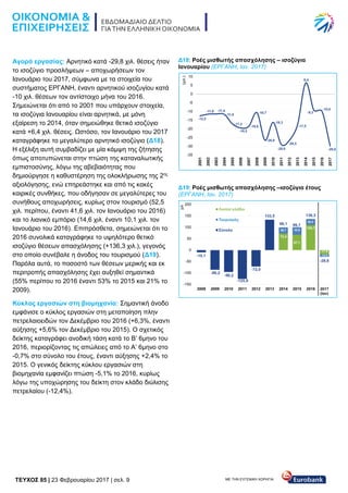 TEYXΟΣ 85 | 23 Φεβρουαρίου 2017 | σελ. 9 ΜΕ ΤΗΝ ΕΥΓΕΝΙΚΗ ΧΟΡΗΓΙΑ:
Αγορά εργασίας: Αρνητικό κατά -29,8 χιλ. θέσεις ήταν
το ισοζύγιο προσλήψεων – αποχωρήσεων τον
Ιανουάριο του 2017, σύμφωνα με τα στοιχεία του
συστήματος ΕΡΓΑΝΗ, έναντι αρνητικού ισοζυγίου κατά
-10 χιλ. θέσεων τον αντίστοιχο μήνα του 2016.
Σημειώνεται ότι από το 2001 που υπάρχουν στοιχεία,
τα ισοζύγια Ιανουαρίου είναι αρνητικά, με μόνη
εξαίρεση το 2014, όταν σημειώθηκε θετικό ισοζύγιο
κατά +6,4 χιλ. θέσεις. Ωστόσο, τον Ιανουάριο του 2017
καταγράφηκε το μεγαλύτερο αρνητικό ισοζύγιο (Δ18).
Η εξέλιξη αυτή συμβαδίζει με μία κάμψη της ζήτησης
όπως αποτυπώνεται στην πτώση της καταναλωτικής
εμπιστοσύνης, λόγω της αβεβαιότητας που
δημιούργησε η καθυστέρηση της ολοκλήρωσης της 2ης
αξιολόγησης, ενώ επηρεάστηκε και από τις κακές
καιρικές συνθήκες, που οδήγησαν σε μεγαλύτερες του
συνήθους αποχωρήσεις, κυρίως στον τουρισμό (52,5
χιλ. περίπου, έναντι 41,6 χιλ. τον Ιανουάριο του 2016)
και το λιανικό εμπόριο (14,6 χιλ. έναντι 10,1 χιλ. τον
Ιανουάριο του 2016). Επιπρόσθετα, σημειώνεται ότι το
2016 συνολικά καταγράφηκε το υψηλότερο θετικό
ισοζύγιο θέσεων απασχόλησης (+136,3 χιλ.), γεγονός
στο οποίο συνέβαλε η άνοδος του τουρισμού (Δ19).
Παρόλα αυτά, το ποσοστό των θέσεων μερικής και εκ
περιτροπής απασχόλησης έχει αυξηθεί σημαντικά
(55% περίπου το 2016 έναντι 53% το 2015 και 21% το
2009).
Κύκλος εργασιών στη βιομηχανία: Σημαντική άνοδο
εμφάνισε ο κύκλος εργασιών στη μεταποίηση πλην
πετρελαιοειδών τον Δεκέμβριο του 2016 (+6,3%, έναντι
αύξησης +5,6% τον Δεκέμβριο του 2015). Ο σχετικός
δείκτης καταγράφει ανοδική τάση κατά το Β’ 6μηνο του
2016, περιορίζοντας τις απώλειες από το Α’ 6μηνο στο
-0,7% στο σύνολο του έτους, έναντι αύξησης +2,4% το
2015. Ο γενικός δείκτης κύκλου εργασιών στη
βιομηχανία εμφανίζει πτώση -5,1% το 2016, κυρίως
λόγω της υποχώρησης του δείκτη στον κλάδο διύλισης
πετρελαίου (-12,4%).
Δ18: Ροές μισθωτής απασχόλησης – ισοζύγια
Ιανουαρίου (ΕΡΓΑΝΗ, Ιαν. 2017)
Δ19: Ροές μισθωτής απασχόλησης –ισοζύγια έτους
(ΕΡΓΑΝΗ, Ιαν. 2017)
 