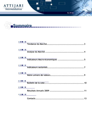 Du 29 Mars au 02 Avril 2010




Sommaire



      Tendance du Marché.................................................. 3


      Analyse du Marché .................................................... 4


      Indicateurs Macro-économiques ................................... 5


      Indicateurs sectoriels................................................. 7


      Notre univers de valeurs............................................. 9


      Bulletin de la cote..................................................... 10


      Résultats Annuels 2009 .............................................. 11


      Contacts ................................................................. 13
 