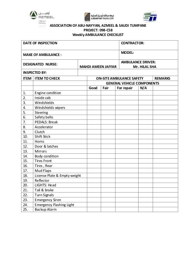 Weekly ambulance checklist