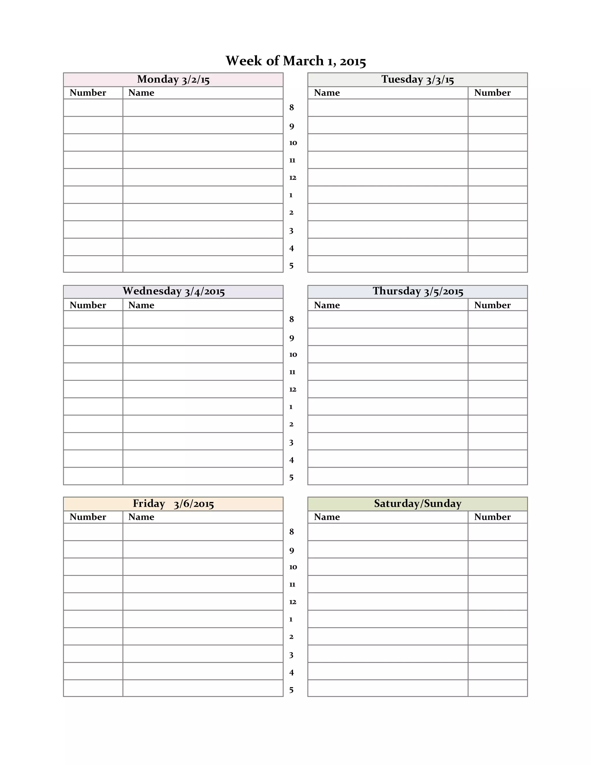 Weekly appointment sheet | DOCX