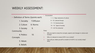 WEEKLY ASSESSMENT:
• Definition of Terms (2points each)
1. Sociality 7.Diffusion
2. Culture 8. Norms
3. Society 9.
Community
4. Politics 10.
Concepts
5. Values
6. Beliefs
• Enumeration
1 – 5 . Major elements of culture
6 – 10. Cultural Groups
11 – 13. Social process
14 – 16 . Types of society
17 – 20. Pre-industrial
Essay:
1. Why we need to study the concepts, aspects and changes in culture and
Society?
2. Why is it relevant to study UCSP in our context?
3. How will you relate yourself as student of UCSP in our society today?
Why?
 