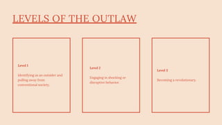 LEVELS OF THE OUTLAW
Level 1
Identifying as an outsider and
pulling away from
conventional society.
Level 2
Engaging in shocking or
disruptive behavior.
Level 3
Becoming a revolutionary.
 