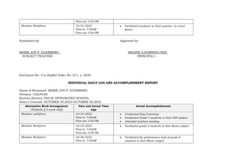 Time out: 5:00 PM
Skeleton Workforce 10/21/2022
Time-in: 7:00AM
Time out: 5:00 PM
 Facilitated students in their practice in street
dance
Submitted by: Approved by:
MARIE JOY P. GUERRERO ARLENE A.DOMINGO PhD.
SUBJECT TEACHER PRINCIPAL I
Enclosure No. 3 to DepEd Order No. 011, s. 2020
INDIVIDUAL DAILY LOG AND ACCOMPLISHMENT REPORT
Name of Personnel: MARIE JOY P. GUERRERO
Division: CAGAYAN
Bureau/Service: PACAC INTEGRATED SCHOOL
Date/s Covered: OCTOBER 24,2022-OCTOBER 28,2022
Alternative Work Arrangement
(*Indicate if 2-week shift)
Date and Actual Time
logs
Actual Accomplishments
Skeleton workforce 10/24/2022
Time-in: 7:00AM
Time out: 5:00 PM
 Conducted Flag Ceremony
 Facilitated Grade 7 students in their ESP subject
 Attended teachers meeting
Skeleton Workforce 10/25/2022
Time-in: 7:00AM
Time out: 5:00 PM
 Facilitated grade 4 students in their Music subject
Skeleton Workforce 10/26/2022
Time-in: 7:00AM
 Facilitated the performance task of grade 8
students in their Music subject
 