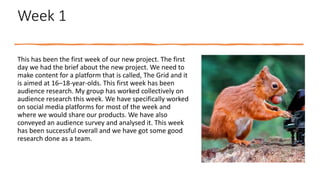 Week 1
This has been the first week of our new project. The first
day we had the brief about the new project. We need to
make content for a platform that is called, The Grid and it
is aimed at 16–18-year-olds. This first week has been
audience research. My group has worked collectively on
audience research this week. We have specifically worked
on social media platforms for most of the week and
where we would share our products. We have also
conveyed an audience survey and analysed it. This week
has been successful overall and we have got some good
research done as a team.
 