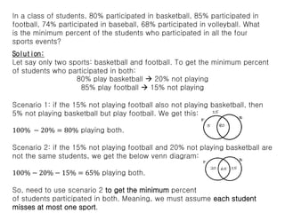 In a class of students, 80% participated in basketball, 85% participated in
football, 74% participated in baseball, 68% participated in volleyball. What
is the minimum percent of the students who participated in all the four
sports events?
Solution:
Let say only two sports: basketball and football. To get the minimum percent
of students who participated in both:
80% play basketball  20% not playing
85% play football  15% not playing
Scenario 1: if the 15% not playing football also not playing basketball, then
5% not playing basketball but play football. We get this:
100% − 20% = 80% playing both.
Scenario 2: if the 15% not playing football and 20% not playing basketball are
not the same students, we get the below venn diagram:
100% − 20% − 15% = 65% playing both.
So, need to use scenario 2 to get the minimum percent
of students participated in both. Meaning, we must assume each student
misses at most one sport.
 