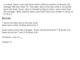 In a bank, Bava, Juan and Suren hold a distinct position of director (D),
manager (M) and Teller (T). The teller, who is the only child in his family,
earns the least. Suren, who is married to Bava’s sister, earns more than
the manager. What position does Juan hold? Give your answer in terms of
D, M or T.
Solution:
T earns the least and is the only child.
Bava has a sister  Bava cannot be T
Suren earns more than manager, Suren cannot be M and T  Suren is D.
Bava cannot be T and D  Bava is M.
Therefore, Juan is ____
Answer: 𝑇
 