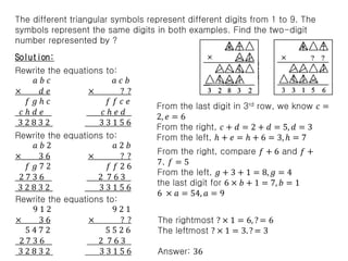 The different triangular symbols represent different digits from 1 to 9. The
symbols represent the same digits in both examples. Find the two-digit
number represented by ?
Solution:
Rewrite the equations to:
𝑎 𝑏 𝑐 𝑎 𝑐 𝑏
× 𝑑 𝑒 × ? ?
𝑓 𝑔 ℎ 𝑐 𝑓 𝑓 𝑐 𝑒
𝑐 ℎ 𝑑 𝑒 𝑐 ℎ 𝑒 𝑑
3 2 8 3 2 3 3 1 5 6
The rightmost ? × 1 = 6, ? = 6
The leftmost ? × 1 = 3. ? = 3
Answer: 36
From the last digit in 3rd row, we know 𝑐 =
2, 𝑒 = 6
From the right, 𝑐 + 𝑑 = 2 + 𝑑 = 5, 𝑑 = 3
From the left, ℎ + 𝑒 = ℎ + 6 = 3, ℎ = 7Rewrite the equations to:
𝑎 𝑏 2 𝑎 2 𝑏
× 3 6 × ? ?
𝑓 𝑔 7 2 𝑓 𝑓 2 6
2 7 3 6 2 7 6 3
3 2 8 3 2 3 3 1 5 6
From the right, compare 𝑓 + 6 and 𝑓 +
7, 𝑓 = 5
From the left, 𝑔 + 3 + 1 = 8, 𝑔 = 4
the last digit for 6 × 𝑏 + 1 = 7, 𝑏 = 1
6 × 𝑎 = 54, 𝑎 = 9
Rewrite the equations to:
9 1 2 9 2 1
× 3 6 × ? ?
5 4 7 2 5 5 2 6
2 7 3 6 2 7 6 3
3 2 8 3 2 3 3 1 5 6
 