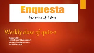 Weekly dose of quiz-2
Prepared by
-Nitin Suresh(Quizmaster)
suresh.nitin@gmail.com
Ph:98953 95096
 