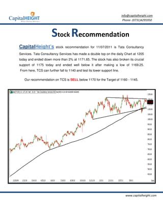 info@capitalheight.com
                                                                            Phone- (0731)4295950



                      Stock Recommendation
CapitalHeight’s           stock recommendation for 11/07/2011 is Tata Consultancy

Services. Tata Consultancy Services has made a double top on the daily Chart at 1205
today and ended down more than 2% at 1171.65. The stock has also broken its crucial
support of 1175 today and ended well below it after making a low of 1169.25.
From here, TCS can further fall to 1140 and test its lower support line.

   Our recommendation on TCS is SELL below 1170 for the Target of 1160 - 1145.




                                                                             www.capitalheight.com
 