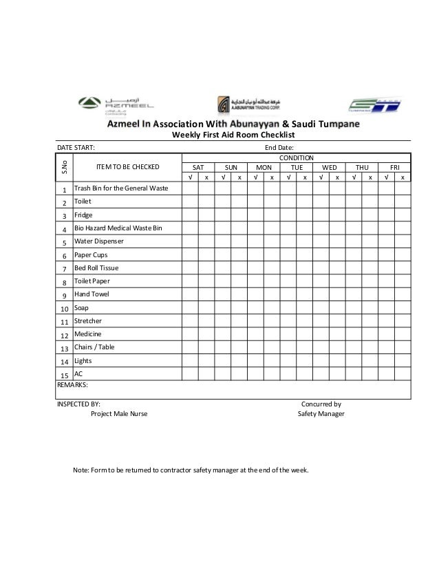 Weekly first aid room checklist