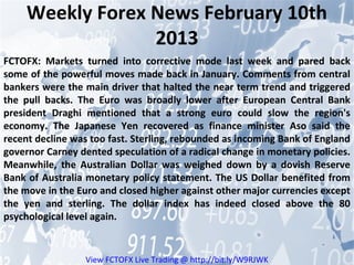Weekly Forex News February 10th
                  2013
FCTOFX: Markets turned into corrective mode last week and pared back
some of the powerful moves made back in January. Comments from central
bankers were the main driver that halted the near term trend and triggered
the pull backs. The Euro was broadly lower after European Central Bank
president Draghi mentioned that a strong euro could slow the region's
economy. The Japanese Yen recovered as finance minister Aso said the
recent decline was too fast. Sterling, rebounded as incoming Bank of England
governor Carney dented speculation of a radical change in monetary policies.
Meanwhile, the Australian Dollar was weighed down by a dovish Reserve
Bank of Australia monetary policy statement. The US Dollar benefited from
the move in the Euro and closed higher against other major currencies except
the yen and sterling. The dollar index has indeed closed above the 80
psychological level again.


                 View FCTOFX Live Trading @ http://bit.ly/W9RJWK
 