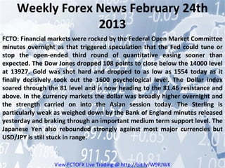 Weekly Forex News February 24th
                 2013
FCTO: Financial markets were rocked by the Federal Open Market Committee
minutes overnight as that triggered speculation that the Fed could tune or
stop the open-ended third round of quantitative easing sooner than
expected. The Dow Jones dropped 108 points to close below the 14000 level
at 13927. Gold was shot hard and dropped to as low as 1554 today as it
finally decisively took out the 1600 psychological level. The Dollar index
soared through the 81 level and is now heading to the 81.46 resistance and
above. In the currency markets the dollar was broadly higher overnight and
the strength carried on into the Asian session today. The Sterling is
particularly weak as weighed down by the Bank of England minutes released
yesterday and braking through an important medium term support level. The
Japanese Yen also rebounded strongly against most major currencies but
USD/JPY is still stuck in range.


                 View FCTOFX Live Trading @ http://bit.ly/W9RJWK
 