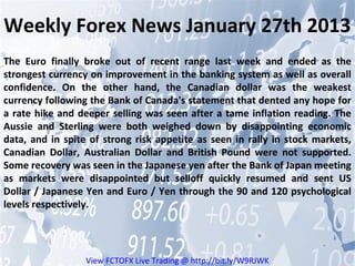 Weekly Forex News January 27th 2013
The Euro finally broke out of recent range last week and ended as the
strongest currency on improvement in the banking system as well as overall
confidence. On the other hand, the Canadian dollar was the weakest
currency following the Bank of Canada's statement that dented any hope for
a rate hike and deeper selling was seen after a tame inflation reading. The
Aussie and Sterling were both weighed down by disappointing economic
data, and in spite of strong risk appetite as seen in rally in stock markets,
Canadian Dollar, Australian Dollar and British Pound were not supported.
Some recovery was seen in the Japanese yen after the Bank of Japan meeting
as markets were disappointed but selloff quickly resumed and sent US
Dollar / Japanese Yen and Euro / Yen through the 90 and 120 psychological
levels respectively.




                  View FCTOFX Live Trading @ http://bit.ly/W9RJWK
 