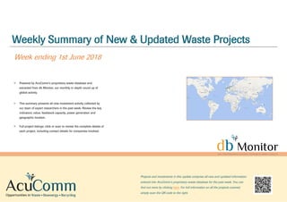 Weekly Summary of New & Updated Waste Projects
Week ending 1st June 2018
Powered by AcuComm’s proprietary waste database and
extracted from db Monitor, our monthly in-depth round up of
global activity.
This summary presents all new investment activity collected by
our team of expert researchers in the past week. Review the key
indicators: value, feedstock capacity, power generation and
geographic location.
Full project listings: click or scan to review the complete details of
each project, including contact details for companies involved.
Projects and investments in this update comprise all new and updated information
entered into AcuComm’s proprietary waste database for the past week. You can
find out more by clicking here. For full information on all the projects covered,
simply scan the QR code to the right.
 