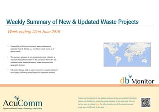 Weekly Summary of New & Updated Waste Projects
Week ending 22nd June 2018
Powered by AcuComm’s proprietary waste database and
extracted from db Monitor, our monthly in-depth round up of
global activity.
This summary presents all new investment activity collected by
our team of expert researchers in the past week. Review the key
indicators: value, feedstock capacity, power generation and
geographic location.
Full project listings: click or scan to review the complete details of
each project, including contact details for companies involved.
Projects and investments in this update comprise all new and updated information
entered into AcuComm’s proprietary waste database for the past week. You can
find out more by clicking here. For full information on all the projects covered,
simply scan the QR code to the right.
 
